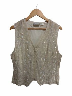 Frank Usher Vintage Ivory/Cream Beaded Sequinned Silk Shell Vest with Snaps